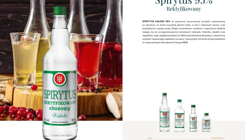 Butelka spirytusu zbożowego Kaliski 95% na tle innych butelek i kieliszków z nalewkami.