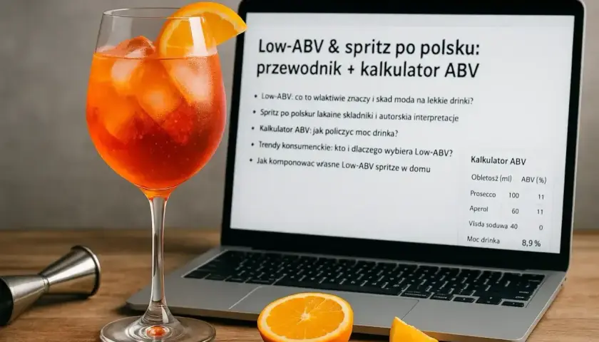 Szklanka z pomarańczowym drinkiem, plasterki pomarańczy i laptop z kalkulatorem ABV.