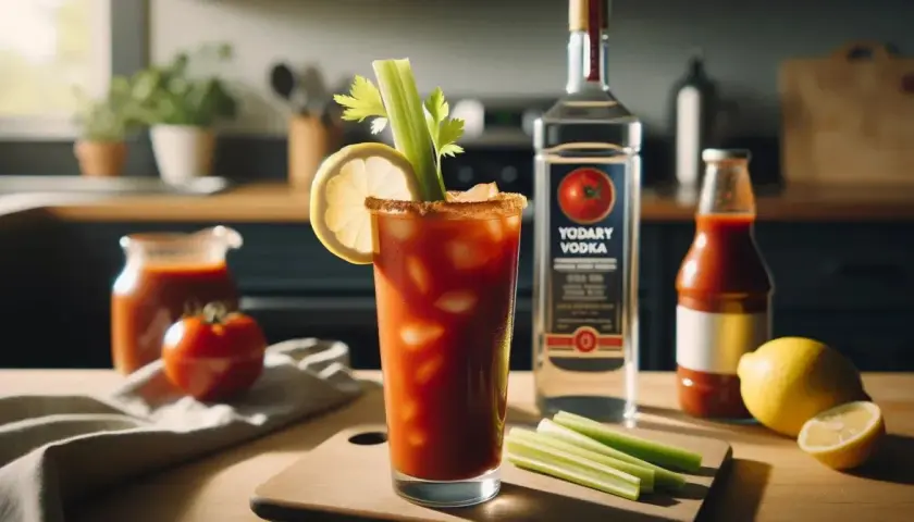Krwawa Mary przepis: drink z lodem, cytryną i selerem, obok butelka wódki i sosu pomidorowego. Idealny na brunch!