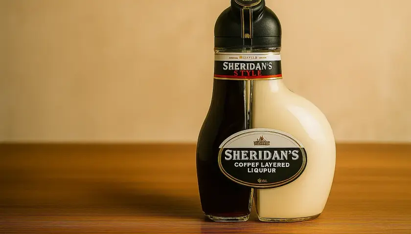 Dwukomorowa butelka likieru Sheridan's Coffee Layered Liquour, z ciemnym i jasnym płynem, stoi na drewnianym blacie.