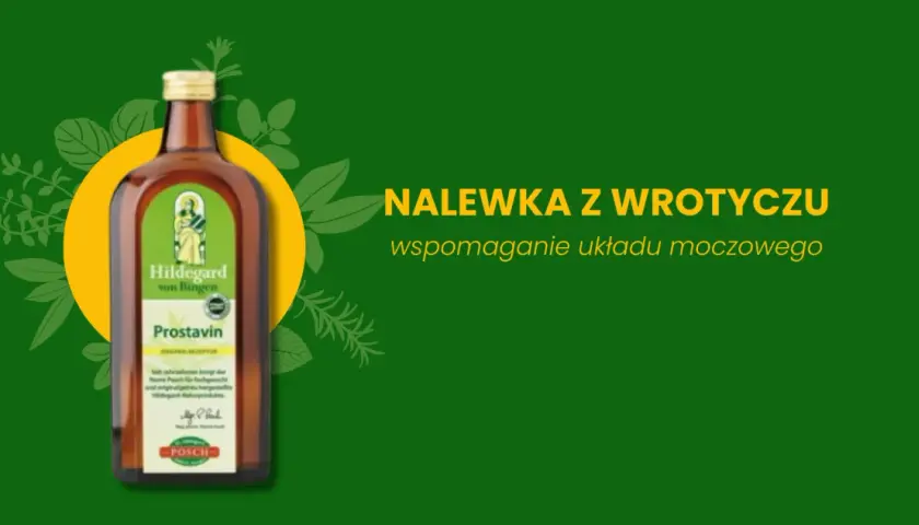 Nalewka z wrotyczu "Prostavin" Hildegard von Bingen, wspomaganie układu moczowego. Zielone tło z ziołowymi motywami.