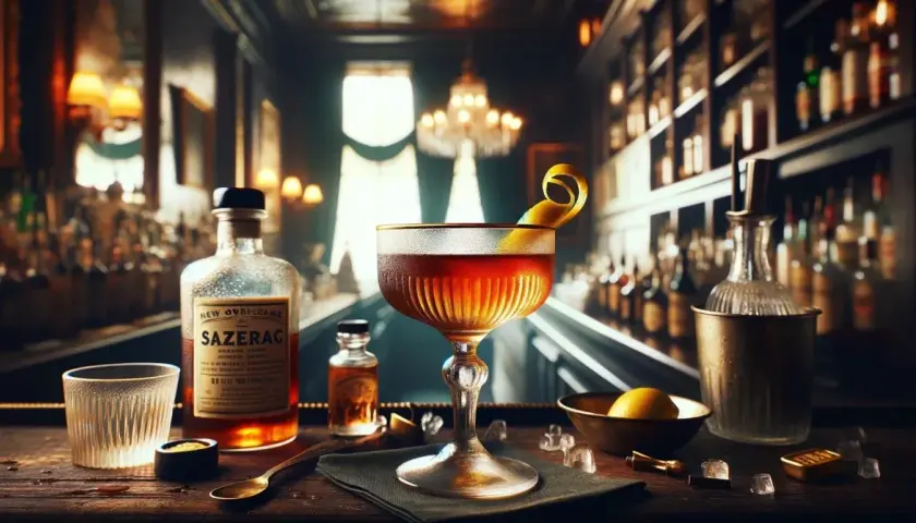Klasyczny koktajl Sazerac w kieliszku, obok butelki Sazerac i akcesoriów barmańskich.