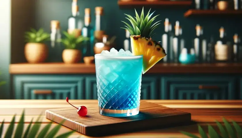 Niebieski drink z lodem, plasterkiem ananasa i wisienką na drewnianej desce.