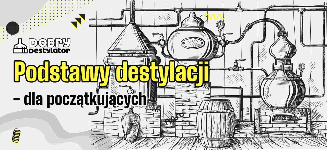Ilustracja przedstawiająca aparat destylacyjny, beczkę i butelkę.