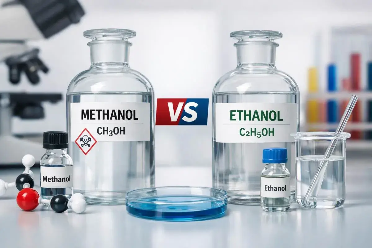 Dwie butelki z płynami, jedna z napisem "Methanol" i symbolem zagrożenia, druga z "Ethanol".