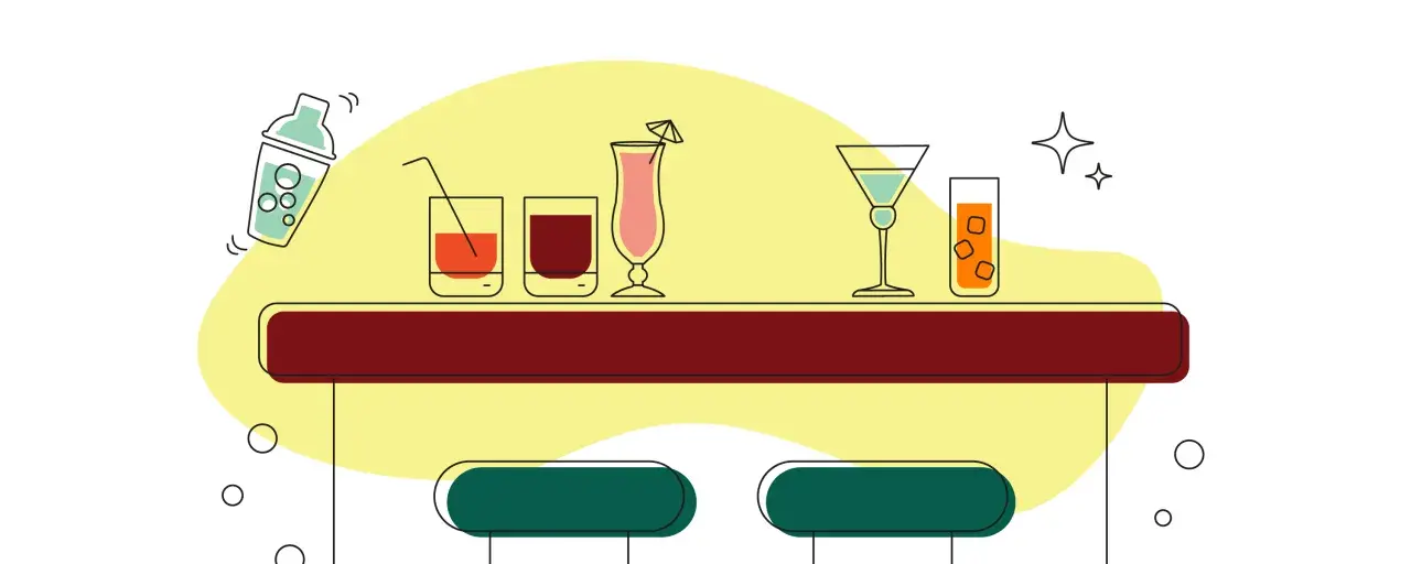 Ilustracja baru z drinkami, shakerem i dwoma stołkami.