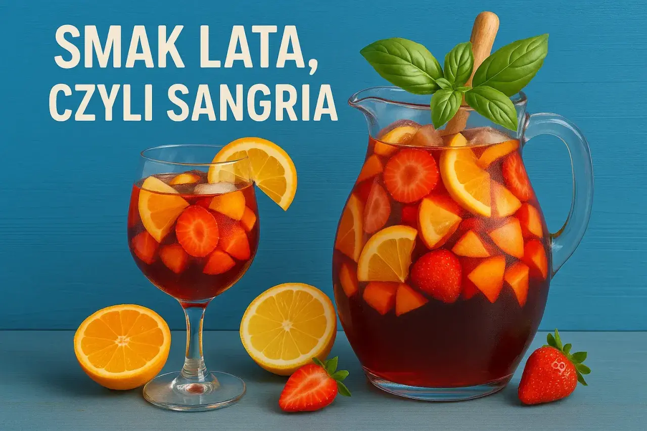 Orzeźwiająca sangria wino z owocami: truskawkami, pomarańczami i cytrynami. Idealny smak lata w dzbanku i kieliszku.