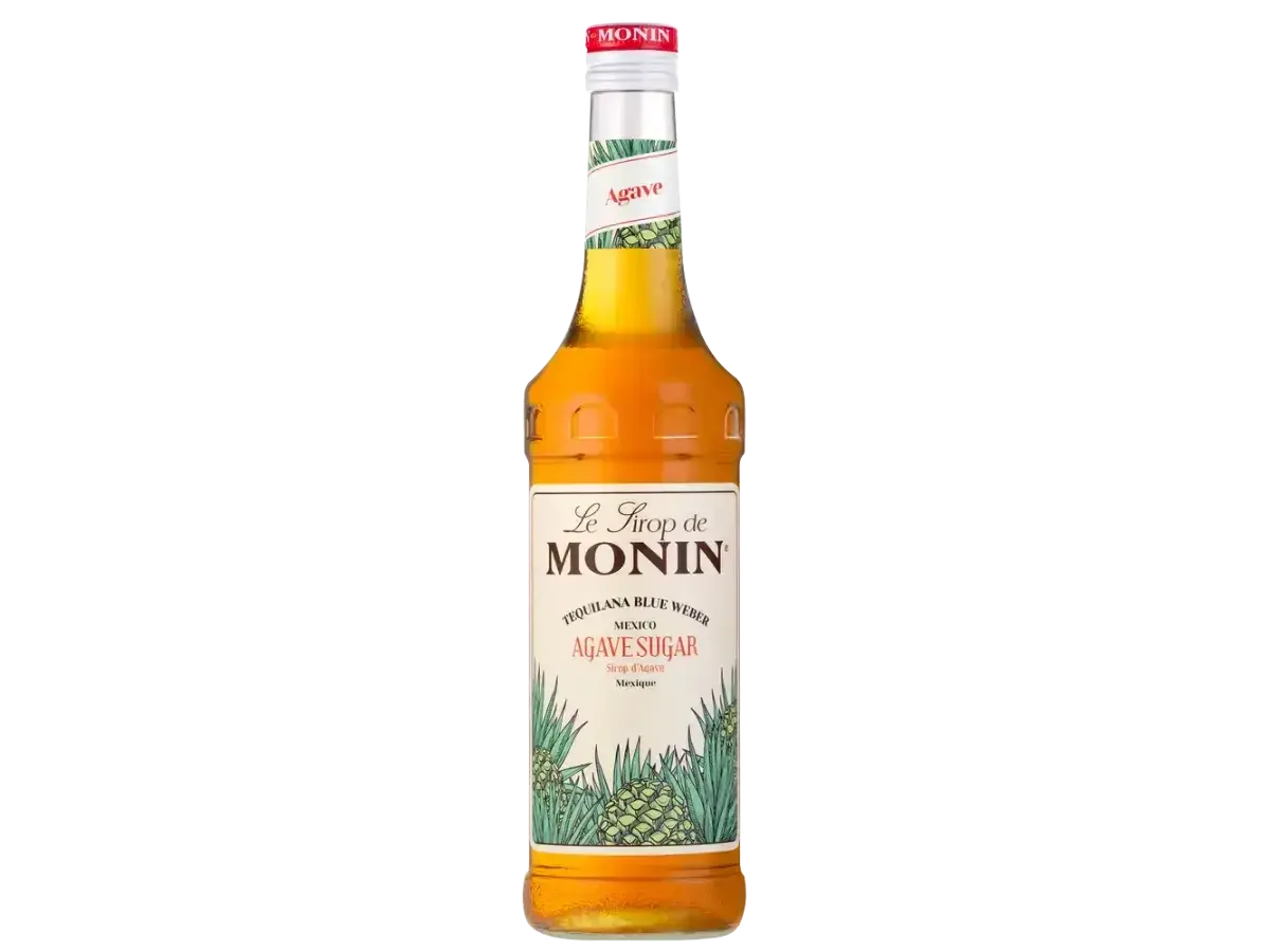 Butelka syropu cukrowego Monin Agave Sugar z agawą na etykiecie.