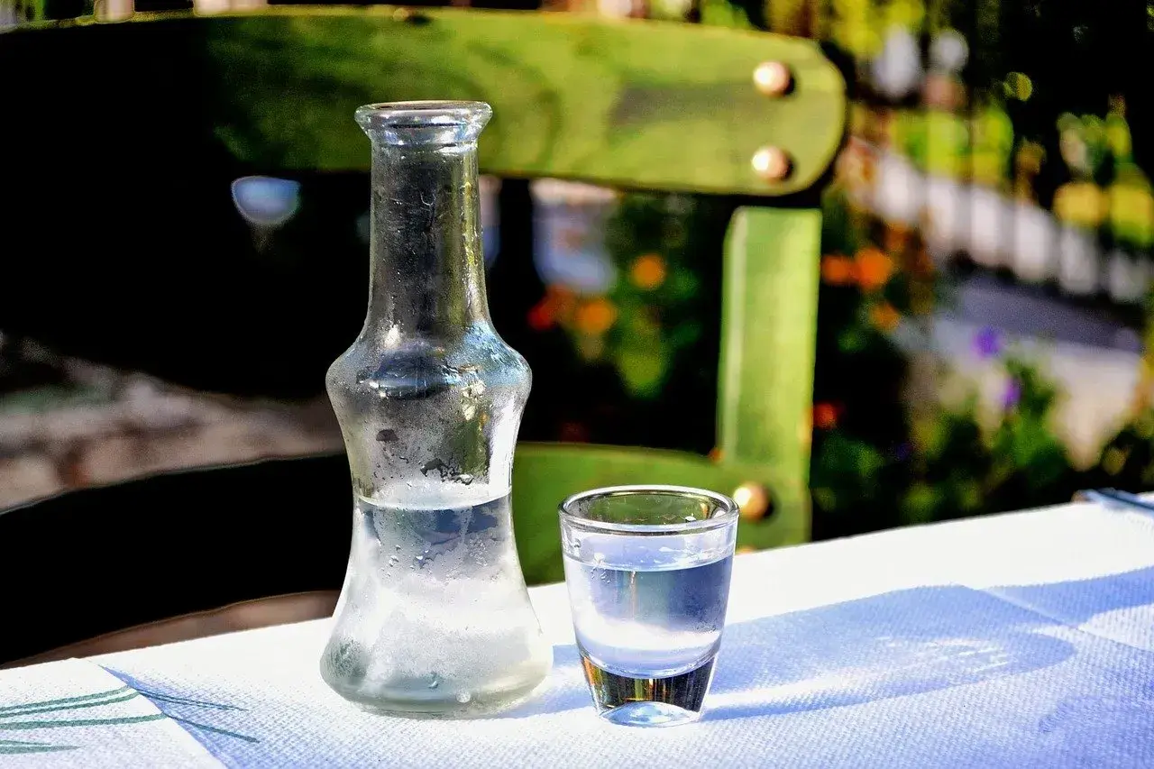 Szklana butelka i kieliszek z przezroczystym alkoholem na białym obrusie, w tle zielone krzesło i rośliny.