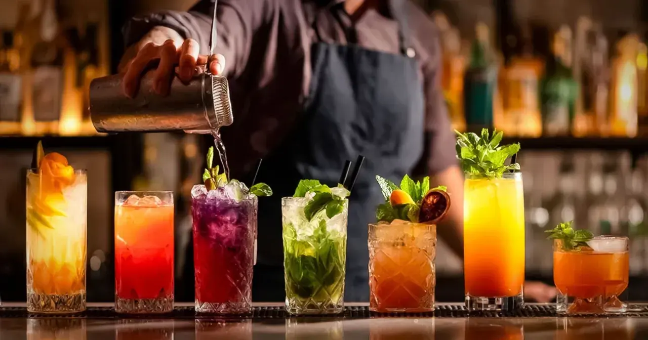 Mistrz miksologii przygotowuje kolorowe drinki. Na blacie baru stoją drinki z owocami i miętą, a barman nalewa płyn z shakera.