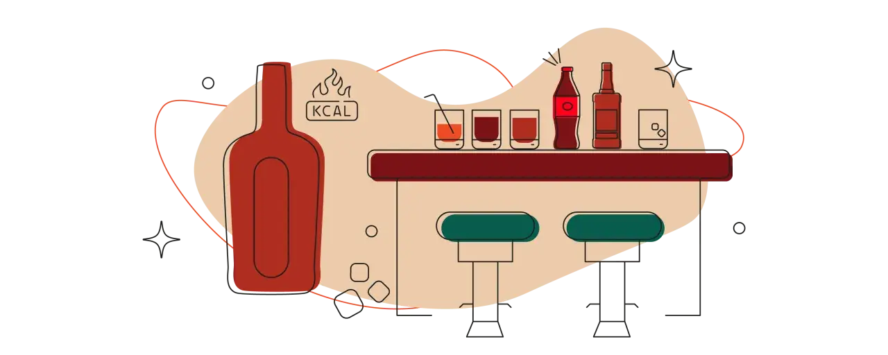 Ilustracja baru z butelką whisky i kieliszkami. Obok butelki symbol płomieni i napis "KCAL", sugerujący, ile kalorii ma whisky.