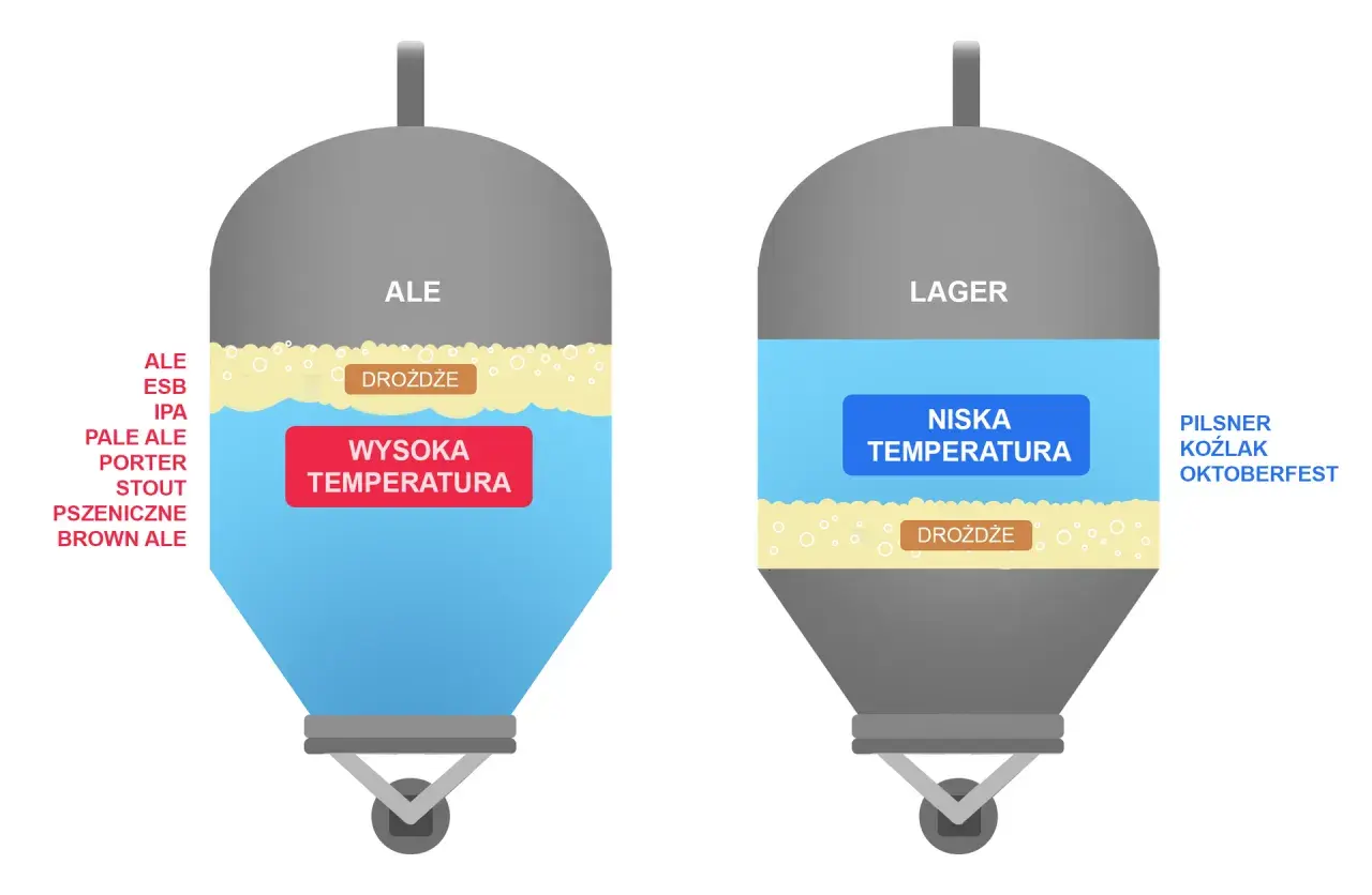 Dwa zbiorniki fermentacyjne: jeden dla piw typu Ale (wysoka temperatura, drożdże na górze), drugi dla Lager (niska temperatura, drożdże na dole).