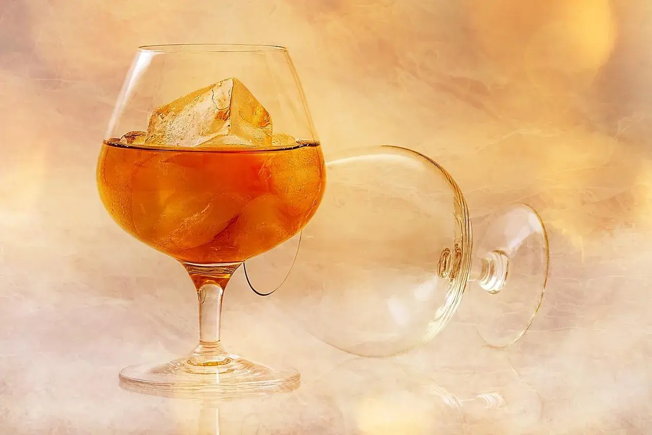 Kieliszek brandy z lodem i pusty kieliszek na tle.