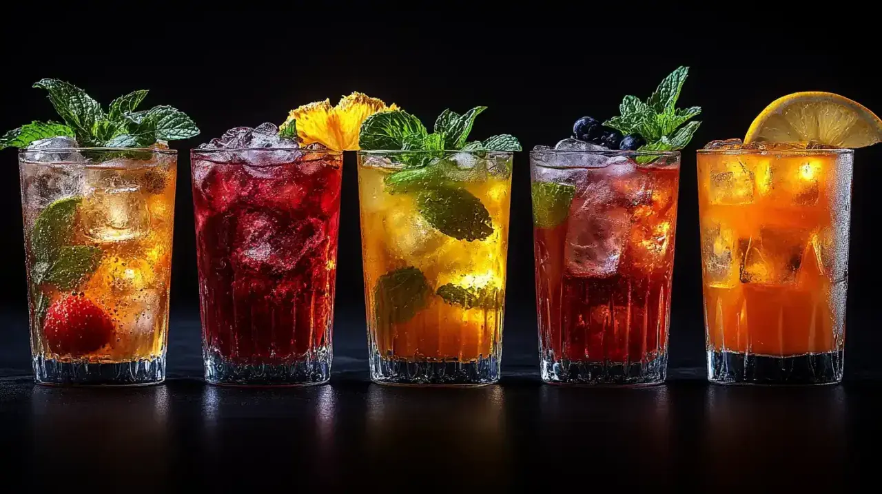 Pięć kolorowych drinków z lodem, miętą i owocami na czarnym tle.