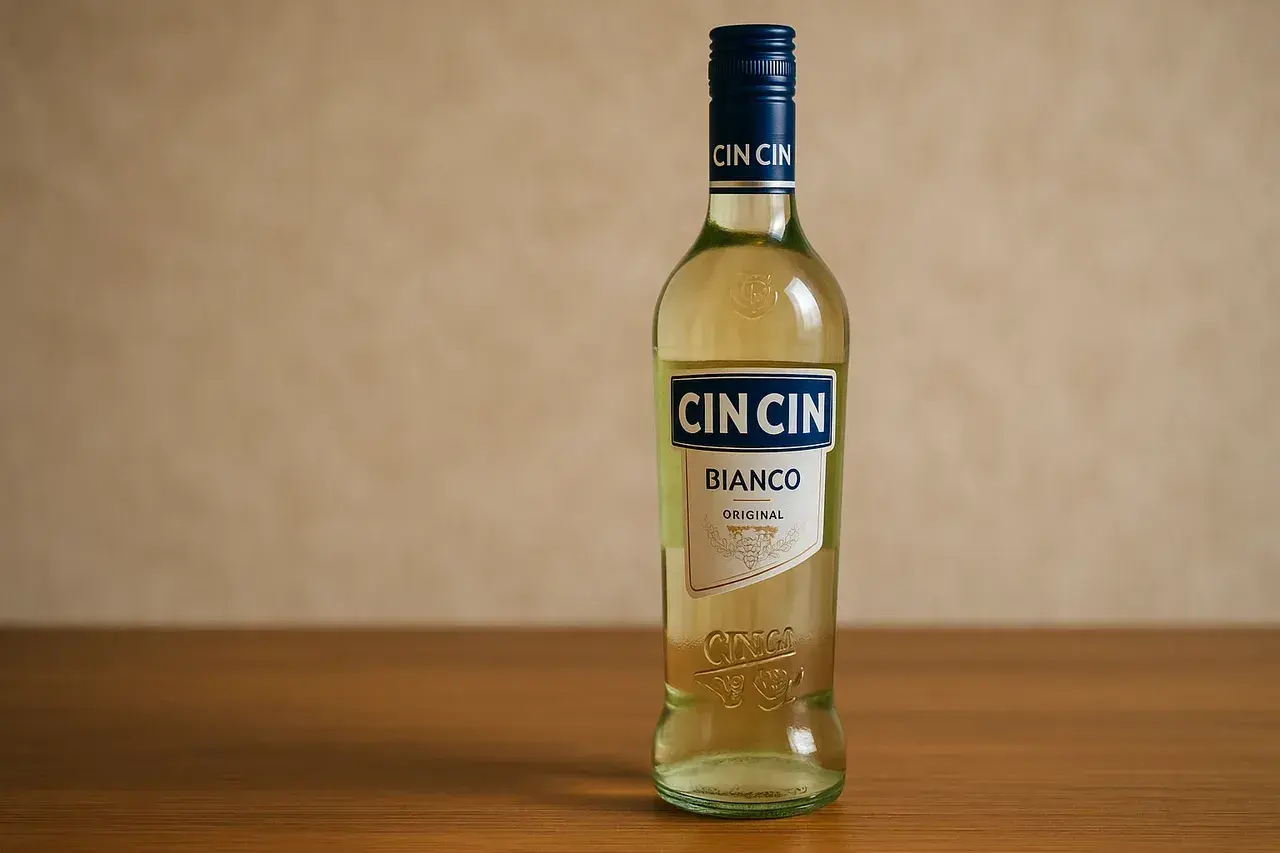 Butelka Cin Cin Bianco na drewnianym blacie. Idealna na letnie wieczory.