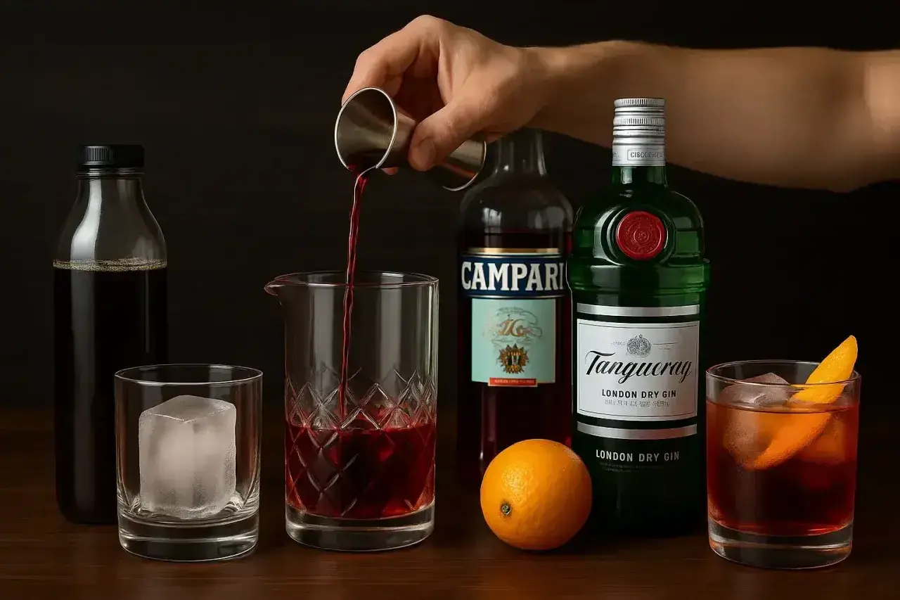 Dłoń wlewa czerwony płyn z jiggera do szklanicy. Obok butelki ginu, Campari, pomarańcza i gotowy koktajl.