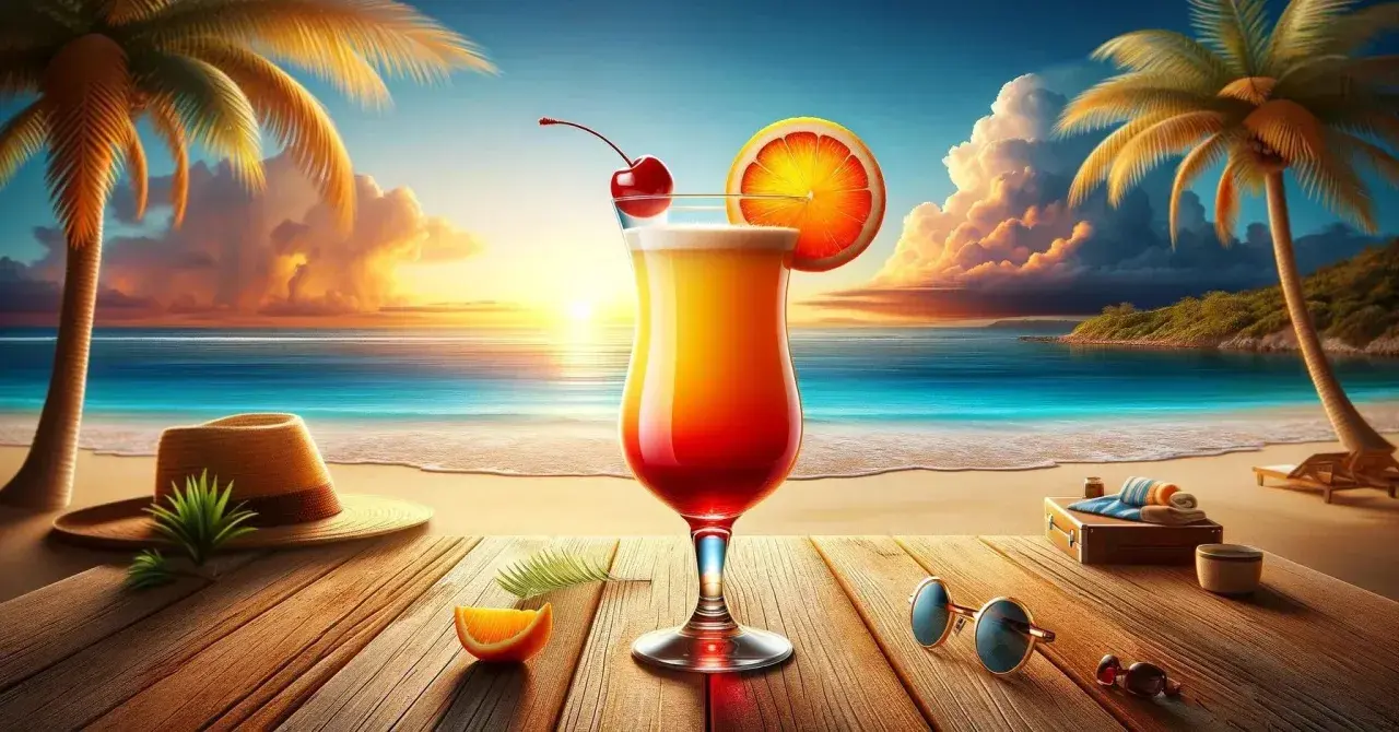 Idealny przepis na Tequila Sunrise na plaży. Koktajl, palmy i zachód słońca tworzą wakacyjny klimat.