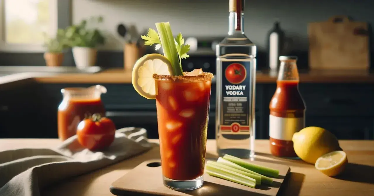 Krwawa Mary przepis: drink z lodem, cytryną i selerem, obok butelka wódki i sosu pomidorowego. Idealny na brunch!