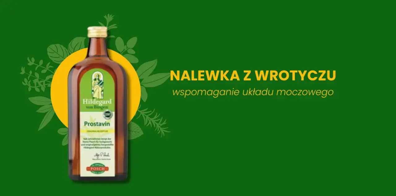 Nalewka z wrotyczu "Prostavin" Hildegard von Bingen, wspomaganie układu moczowego. Zielone tło z ziołowymi motywami.