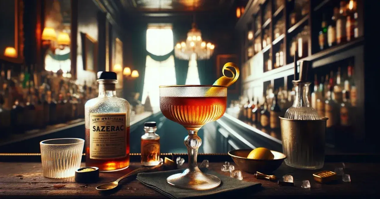 Klasyczny koktajl Sazerac w kieliszku, obok butelki Sazerac i akcesoriów barmańskich.