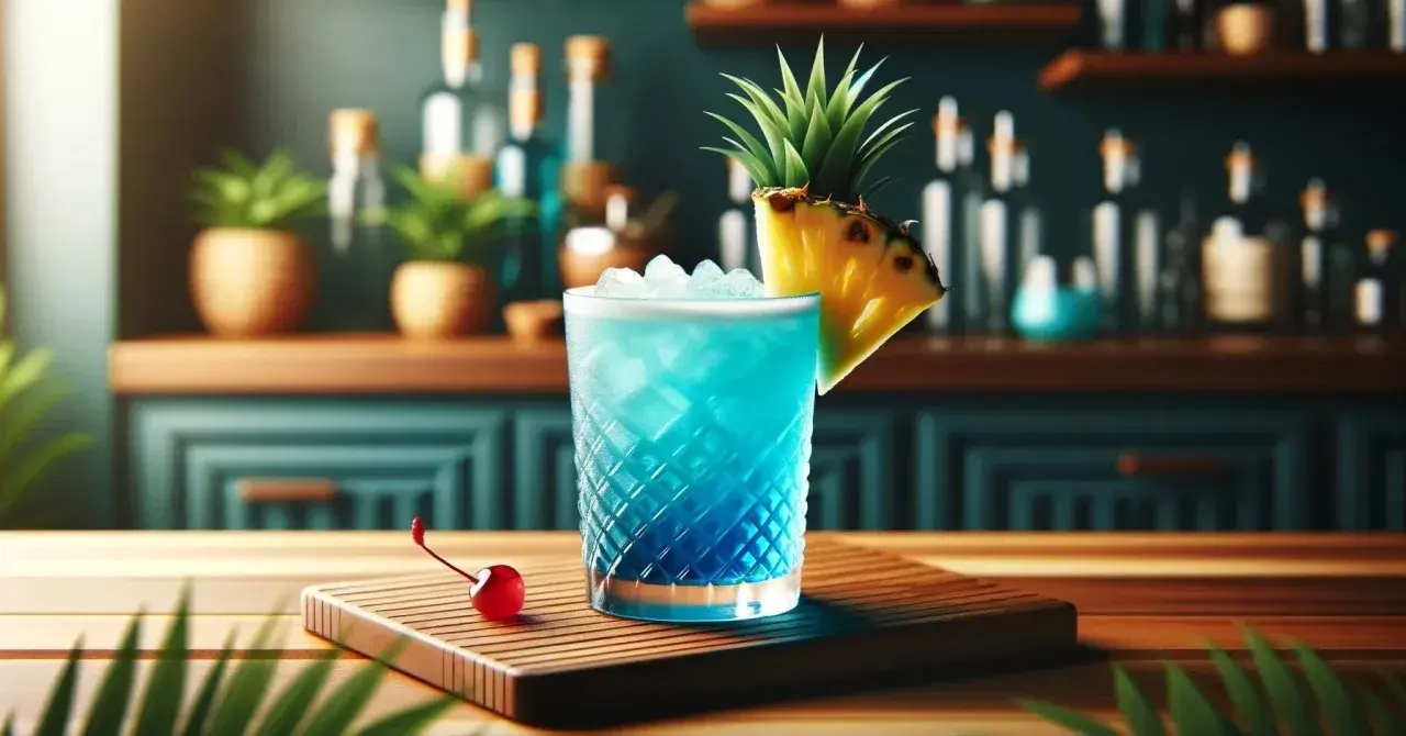 Niebieski drink z lodem, plasterkiem ananasa i wisienką na drewnianej desce.