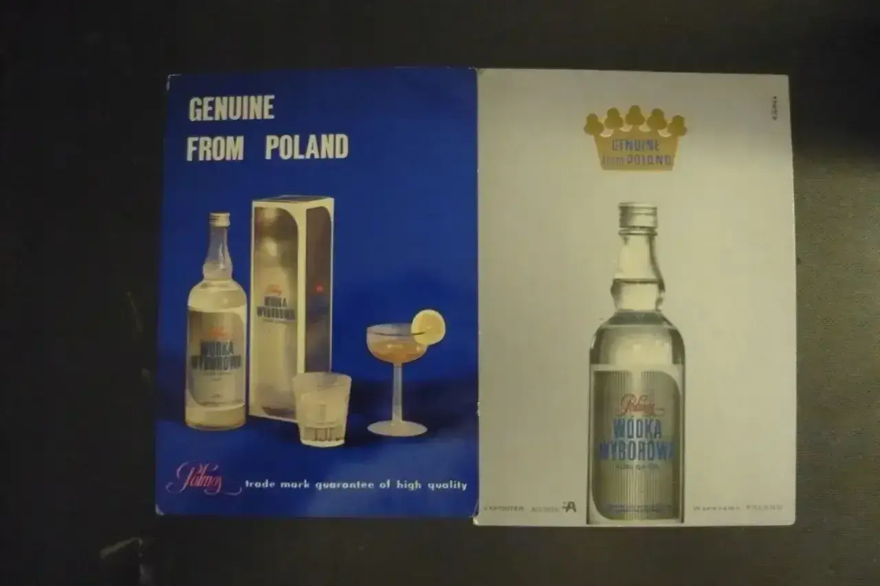 Butelka i kieliszek z wódką Wyborową na tle niebieskim i białym.