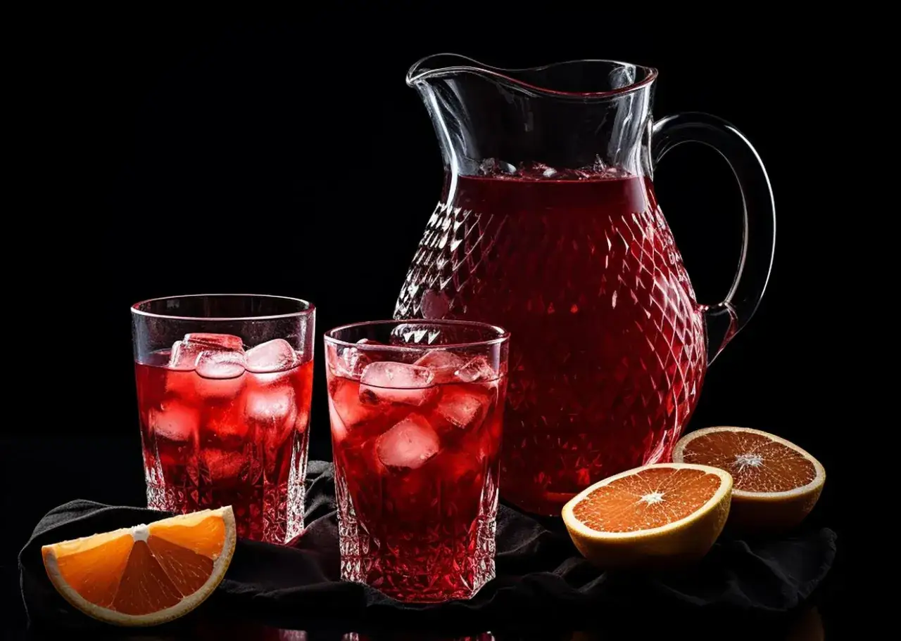 Orzeźwiająca sangria wino w dzbanku i szklankach z lodem, ozdobiona pomarańczami. Idealna na letnie wieczory.
