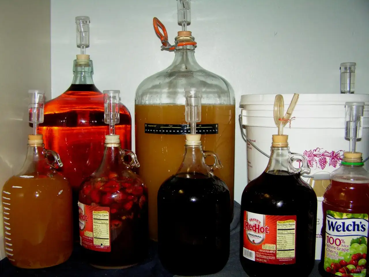 Wiele balonów i butelek z płynami do fermentacji, w tym przepis na wino z winogron 10l.