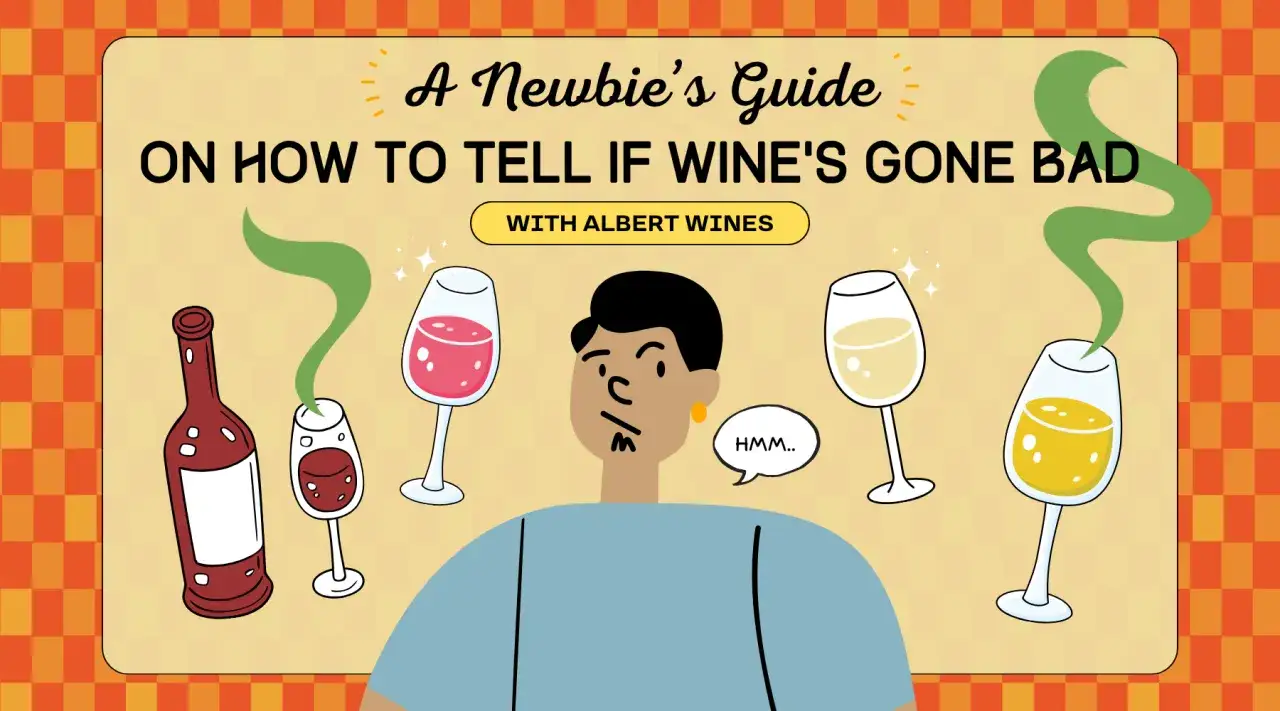 Czy wino może się zepsuć? Ilustracja pokazuje butelkę i kieliszki z winem, a także zamyślonego mężczyznę.