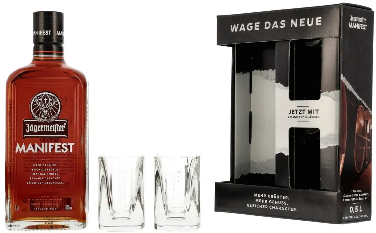 Zestaw Jägermeister Manifest: butelka 0,5l i dwa kieliszki. 