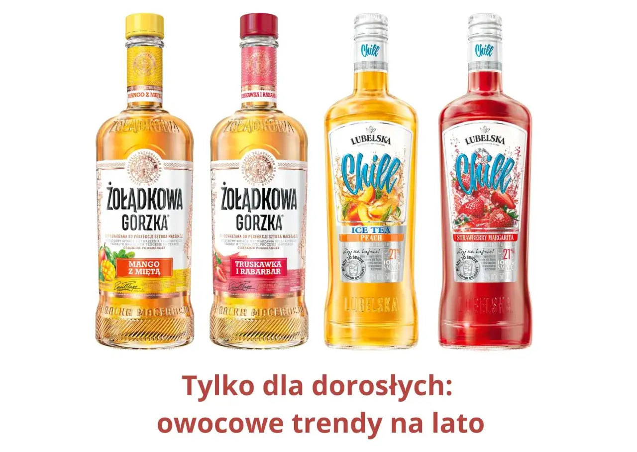 Lubelska smaki: cztery butelki z owocowymi nalewkami – mango, truskawka z rabarbarem, brzoskwiniowa i margarita truskawkowa.