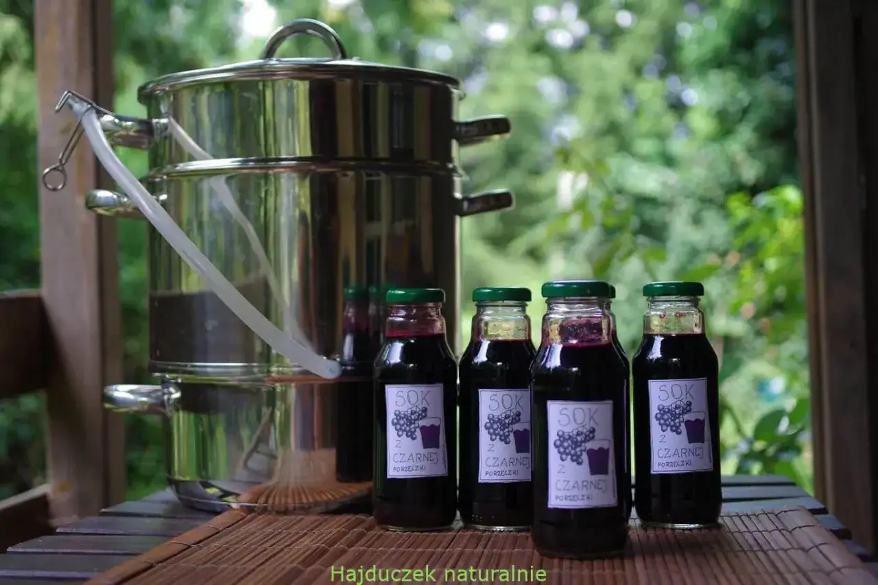 Sok z czarnej porzeczki w butelkach obok parowaru. Domowy, naturalny smak lata.