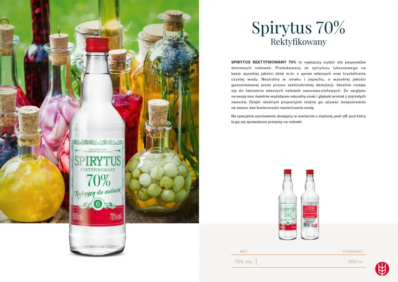 Butelka spirytusu 70% wśród domowych nalewek. Idealny do tworzenia własnych, owocowych i ziołowych trunków.