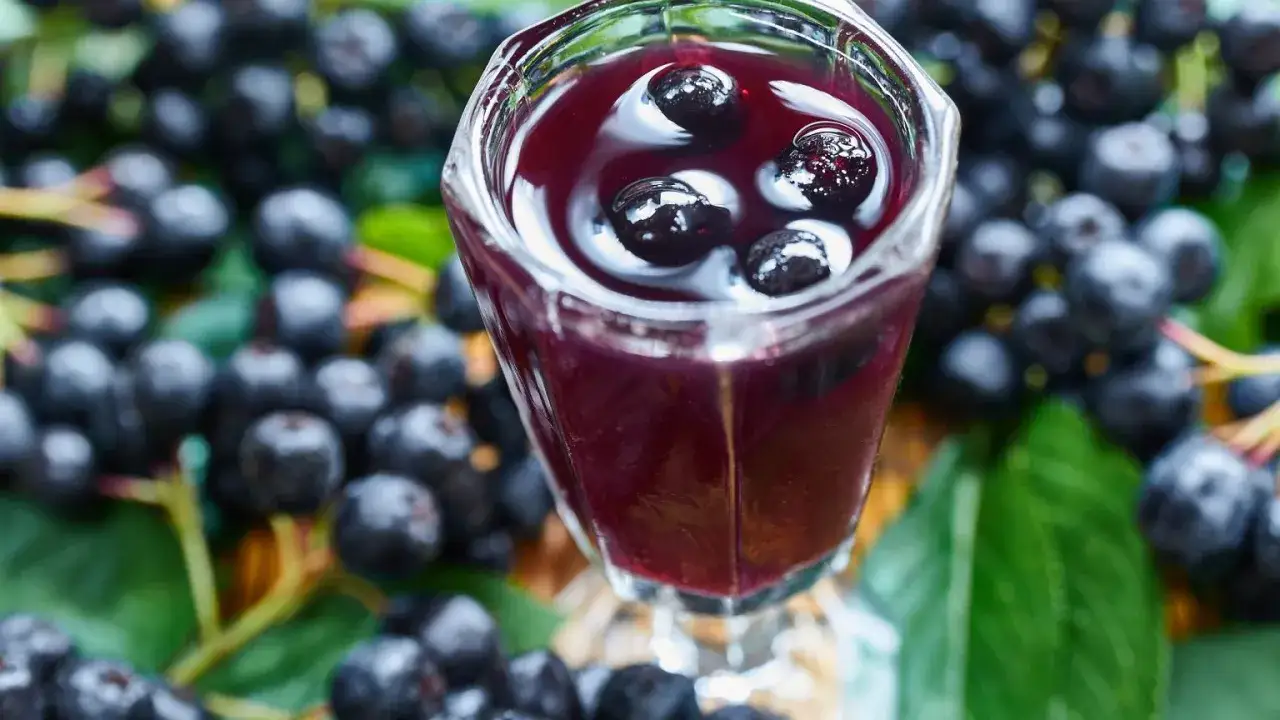 Aronia w kieliszku, jak nalewka z aronii przepis babci. Wokół świeże owoce i liście.