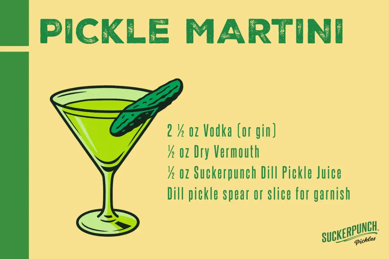 Przepis na drinka Pickle Martini z wódką, wermutem i wodą z ogórków kiszonych. Na górze napis 