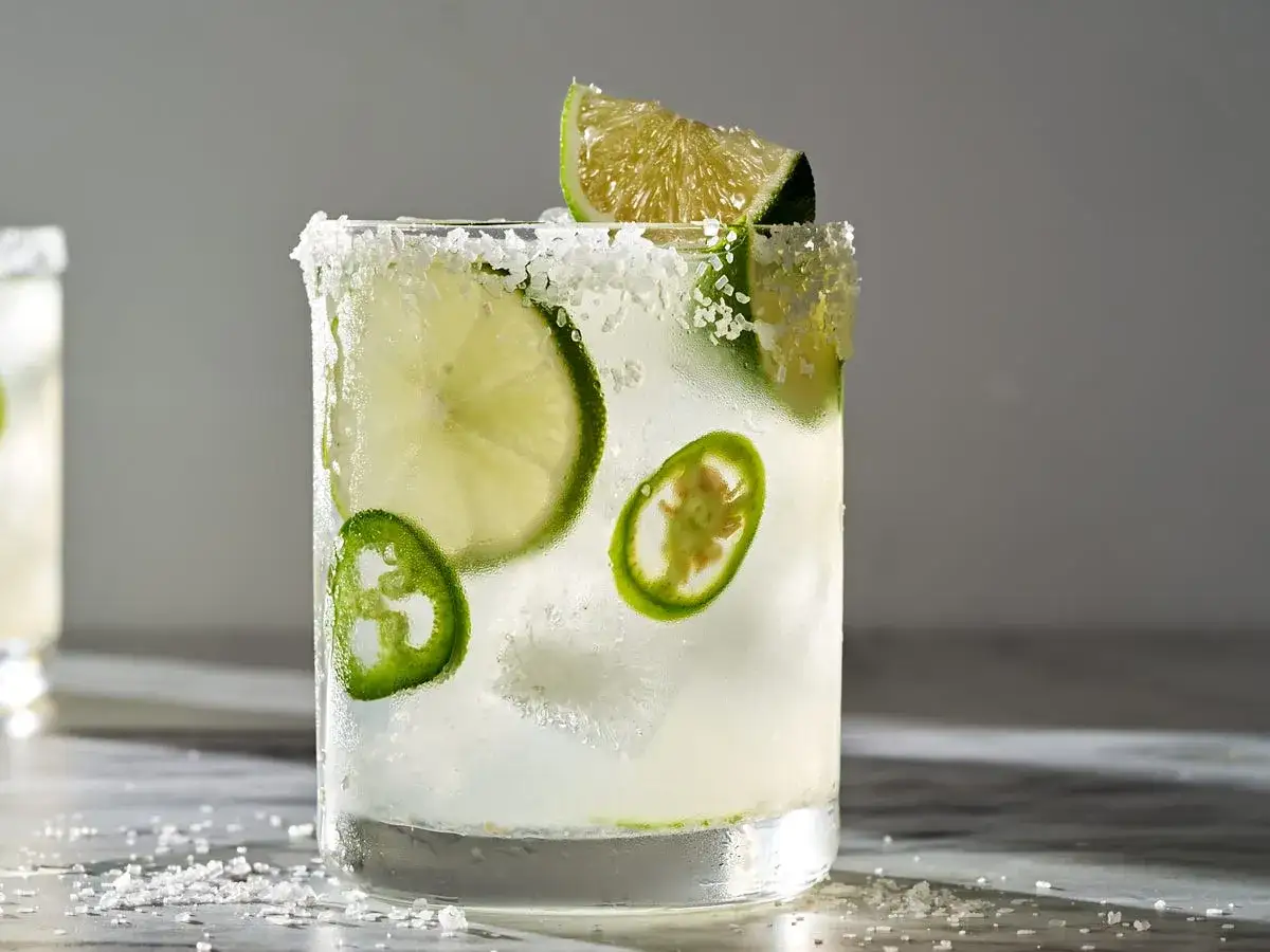 Orzeźwiający drink z tequilą, udekorowany plasterkami limonki i papryczki jalapeño, z solą na krawędzi szklanki.