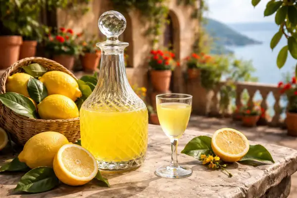 Słoneczny taras, koszyk cytryn, karafka i kieliszek z limoncello. Idealny przepis na włoski likier.